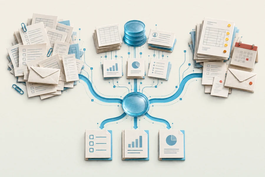 Paperwork, scattered reports and invoice follow-ups connect into an organized workflow with clear information.